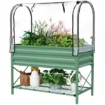 Outsunny Raised Garden Bed with Legs and Cover, Metal Elevated Planter Box with Bottom Shelf and Liner for Vegetables, Green