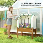 Outsunny Raised Garden Bed with PE Greenhouse Cover Outdoor Planter Box for Herbs and Vegetables, 35 x 22 x 47 inch, Brown - Image 6