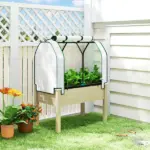 Outsunny Raised Garden Bed with PE Greenhouse Cover Outdoor Planter Box for Herbs and Vegetables, 35 x 22 x 47 inch, Natural - Image 2