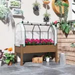 Outsunny Raised Garden Bed with PE Greenhouse Cover Outdoor Planter Box for Herbs and Vegetables, 48 x 22 x 46 inch, Brown - Image 10