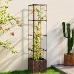 Outsunny Raised Garden Bed with Trellis, Tomato Cage with Lockable Wheels, Self Watering Planter Box with Drainage Holes, Brown - Image 2