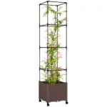 Outsunny Raised Garden Bed with Trellis, Tomato Cage with Lockable Wheels, Self Watering Planter Box with Drainage Holes, Brown - Image 11