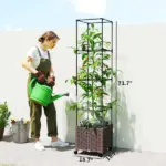 Outsunny Raised Garden Bed with Trellis, Tomato Cage with Lockable Wheels, Self Watering Planter Box with Drainage Holes, Brown - Image 3
