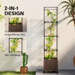 Outsunny Raised Garden Bed with Trellis, Tomato Cage with Lockable Wheels, Self Watering Planter Box with Drainage Holes, Brown - Image 4