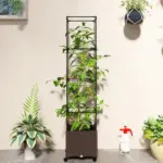 Outsunny Raised Garden Bed with Trellis, Tomato Cage with Lockable Wheels, Self Watering Planter Box with Drainage Holes, Brown - Image 9