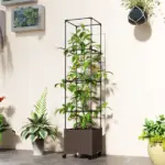 Outsunny Raised Garden Bed with Trellis, Tomato Cage with Lockable Wheels, Self Watering Planter Box with Drainage Holes, Brown - Image 10