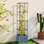 Outsunny Raised Garden Bed with Trellis, Tomato Cage with Lockable Wheels, Self Watering Planter Box with Drainage Holes, Gray - Image 2