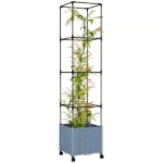 Outsunny Raised Garden Bed with Trellis, Tomato Cage with Lockable Wheels, Self Watering Planter Box with Drainage Holes, Gray - Image 11