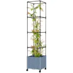 Outsunny Raised Garden Bed with Trellis, Tomato Cage with Lockable Wheels, Self Watering Planter Box with Drainage Holes, Gray