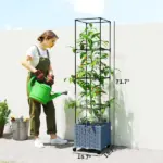 Outsunny Raised Garden Bed with Trellis, Tomato Cage with Lockable Wheels, Self Watering Planter Box with Drainage Holes, Gray - Image 3