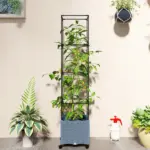 Outsunny Raised Garden Bed with Trellis, Tomato Cage with Lockable Wheels, Self Watering Planter Box with Drainage Holes, Gray - Image 9