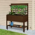 Outsunny Raised Garden Bed with Wheels Trellis Storage Shelf Wooden Planter Box Dark Brown - Image 2