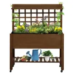 Outsunny Raised Garden Bed with Wheels Trellis Storage Shelf Wooden Planter Box Dark Brown - Image 11