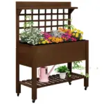 Outsunny Raised Garden Bed with Wheels Trellis Storage Shelf Wooden Planter Box Dark Brown