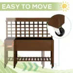 Outsunny Raised Garden Bed with Wheels Trellis Storage Shelf Wooden Planter Box Dark Brown - Image 4