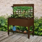 Outsunny Raised Garden Bed with Wheels Trellis Storage Shelf Wooden Planter Box Dark Brown - Image 10