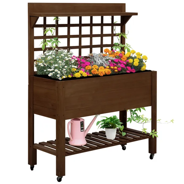 raised-garden-bed-with-wheels-trellis-storage-shelf-wooden-planter-box-dark-brown.webp Outsunny Raised Garden Bed with Wheels Trellis Storage Shelf Wooden Planter Box Dark Brown - Image 1