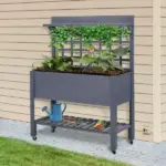 Raised Garden Bed with Wheels Trellis Storage Shelf Wooden Planter Box Gray - Image 2