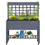 Raised Garden Bed with Wheels Trellis Storage Shelf Wooden Planter Box Gray - Image 11