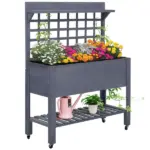 Raised Garden Bed with Wheels Trellis Storage Shelf Wooden Planter Box Gray