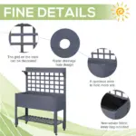 Raised Garden Bed with Wheels Trellis Storage Shelf Wooden Planter Box Gray - Image 7