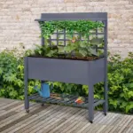 Raised Garden Bed with Wheels Trellis Storage Shelf Wooden Planter Box Gray - Image 10