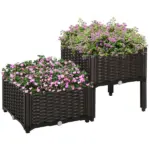 Raised Garden Planter 2 Piece Set Brown with Self-Watering System and Drainage for Outdoor Flowers