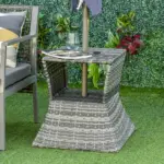 Outsunny Rattan Tea Bistro Side Table with Umbrella Hole, 2-Tier Storage Shelf, Gray, for Patio and Backyard - Image 2
