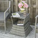 Outsunny Rattan Tea Bistro Side Table with Umbrella Hole, 2-Tier Storage Shelf, Gray, for Patio and Backyard - Image 10