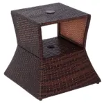 Outsunny Rattan Wicker Patio Side Table with Umbrella Hole 2 Tier Storage All-Weather Garden Furniture Mixed Brown
