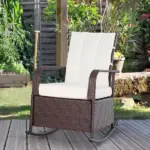 Outsunny Rattan Wicker Rocking Recliner Chair with White Cushions and Adjustable Footrest Brown - Image 2