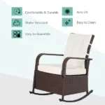 Outsunny Rattan Wicker Rocking Recliner Chair with White Cushions and Adjustable Footrest Brown - Image 4