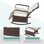 Outsunny Rattan Wicker Rocking Recliner Chair with White Cushions and Adjustable Footrest Brown - Image 6