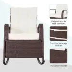 Outsunny Rattan Wicker Rocking Recliner Chair with White Cushions and Adjustable Footrest Brown - Image 7
