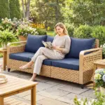 Rattan Wicker Sofa 3-Seater Outdoor Patio Sofa with Cushions for Garden Backyard Porch Dark Blue - Image 2