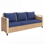 Rattan Wicker Sofa 3-Seater Outdoor Patio Sofa with Cushions for Garden Backyard Porch Dark Blue - Image 11