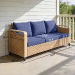 Rattan Wicker Sofa 3-Seater Outdoor Patio Sofa with Cushions for Garden Backyard Porch Dark Blue - Image 3