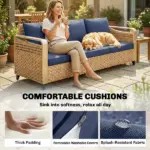 Rattan Wicker Sofa 3-Seater Outdoor Patio Sofa with Cushions for Garden Backyard Porch Dark Blue - Image 7