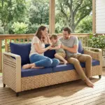 Rattan Wicker Sofa 3-Seater Outdoor Patio Sofa with Cushions for Garden Backyard Porch Dark Blue - Image 9