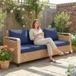 Rattan Wicker Sofa 3-Seater Outdoor Patio Sofa with Cushions for Garden Backyard Porch Dark Blue - Image 10