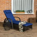 Reclining Chaise Lounge Chair Dark Blue Rolling Outdoor Rattan with Cushion Headrest Armrests and Wheels for Comfort - Image 2