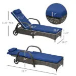 Reclining Chaise Lounge Chair Dark Blue Rolling Outdoor Rattan with Cushion Headrest Armrests and Wheels for Comfort - Image 3