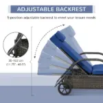 Reclining Chaise Lounge Chair Dark Blue Rolling Outdoor Rattan with Cushion Headrest Armrests and Wheels for Comfort - Image 4