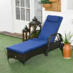 Reclining Chaise Lounge Chair Dark Blue Rolling Outdoor Rattan with Cushion Headrest Armrests and Wheels for Comfort - Image 7