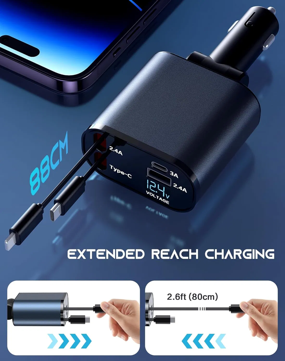 4-in-1 Retractable 60W Car Charger with USB-C and USB-A Ports
