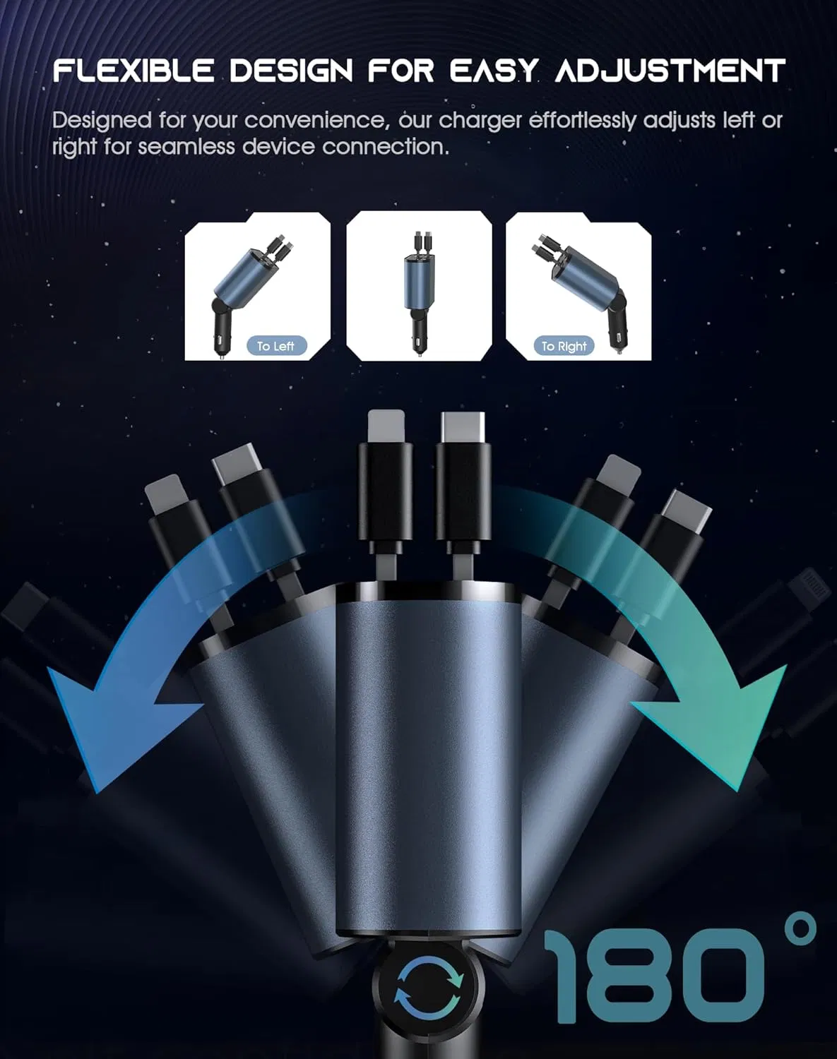 4-in-1 Retractable 60W Car Charger with USB-C and USB-A Ports