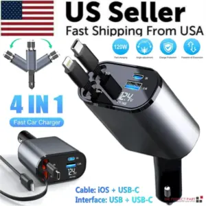 retractable car charger 4 in 1 fast car phone charger 120w with usb type c cable 6