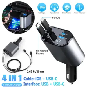 retractable car charger 4 in 1 fast car phone charger 120w with usb type c cable 7