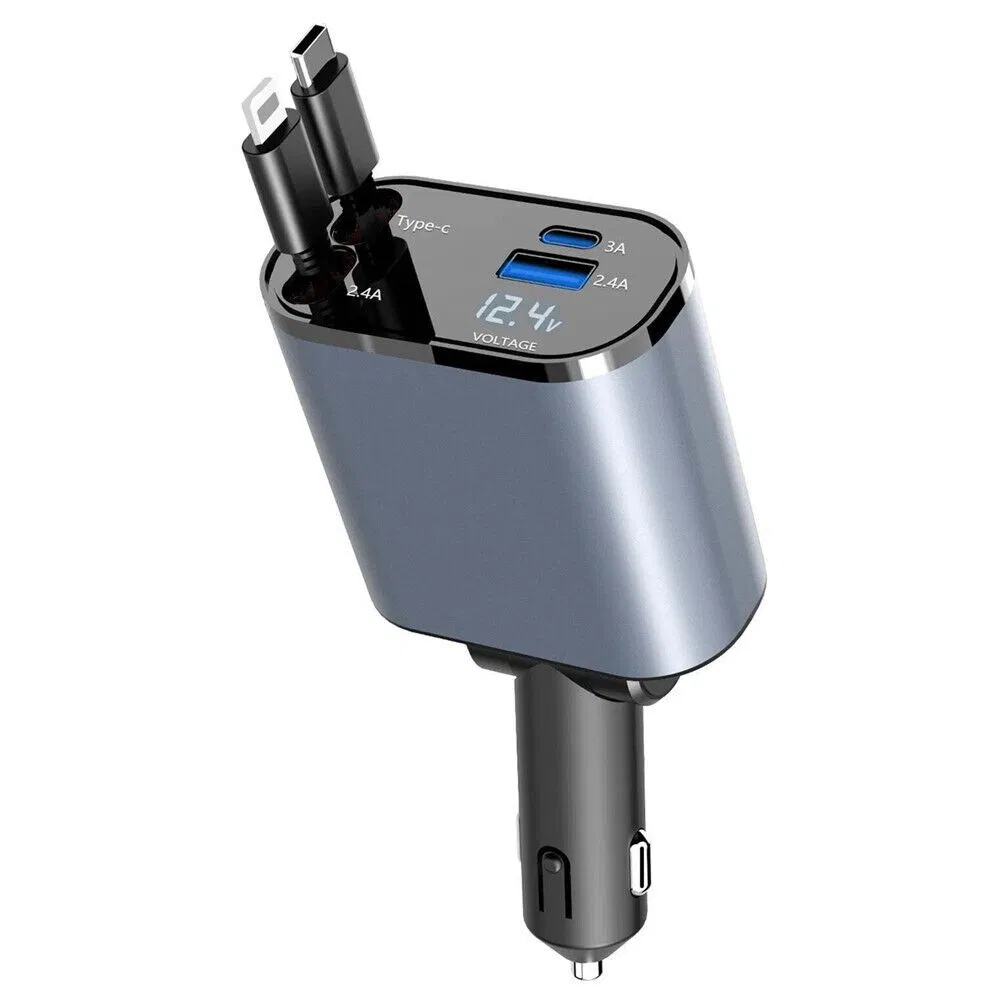 4-in-1 Retractable 60W Car Charger with USB-C and USB-A Ports