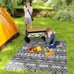 Outsunny Reversible Outdoor Rug, Waterproof Plastic Straw with Carry Bag, 6' x 9', Black and White Geometric Wall - Image 2